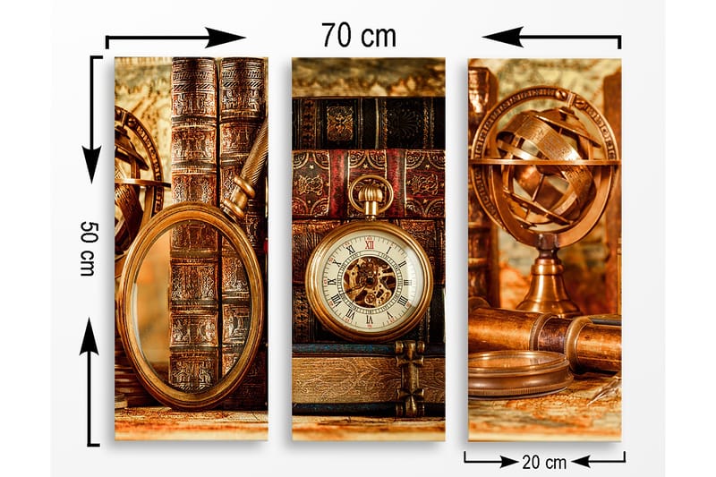 Trælærred 3-delt 50x70 cm - Vintage samling af bøger og ure - Brun / Guld / Beige - Boligtilbehør - Billeder & kunst - Billeder på lærred