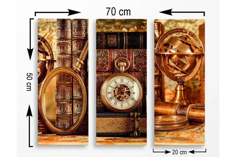 Trælærred 3-delt 50x70 cm - Vintage samling af bøger og ure - Brun / Guld / Beige - Boligtilbehør - Billeder & kunst - Billeder på lærred