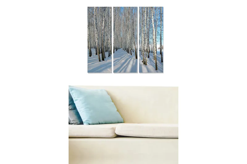 Trælærred 3-delt 50x70 cm - Vinterlandskab med birketræer i snedækket miljø, Hvid / Blå / Sort