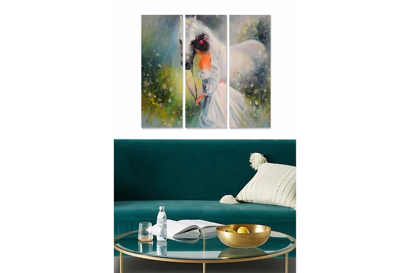 Trælærred 3-delt 50x70 cm - Pige med hest i et drømmende landskab, Hvid / Grøn / Gul