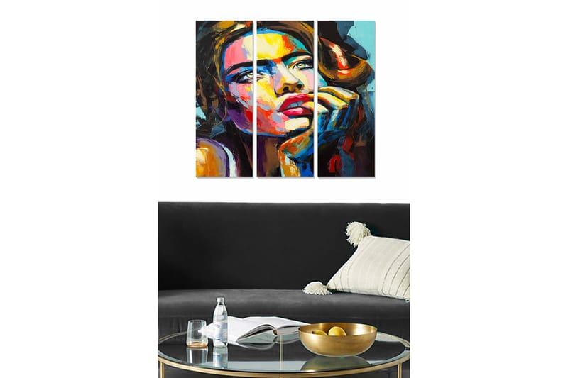 Trælærred 3-delt 50x70 cm - Portræt af en kvinde med udtryksfulde ansigtstræk og stærke farver, Rød / Blå / Gul