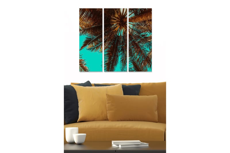 Trælærred 3-delt 50x70 cm - Palmeblade under en klar himmel, Turkis / Brun
