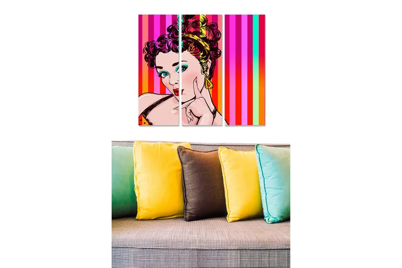 Trælærred 3-delt 50x70 cm - Pop art portræt af en kvinde med farverig baggrund, Lyserød / Orange / Turkis