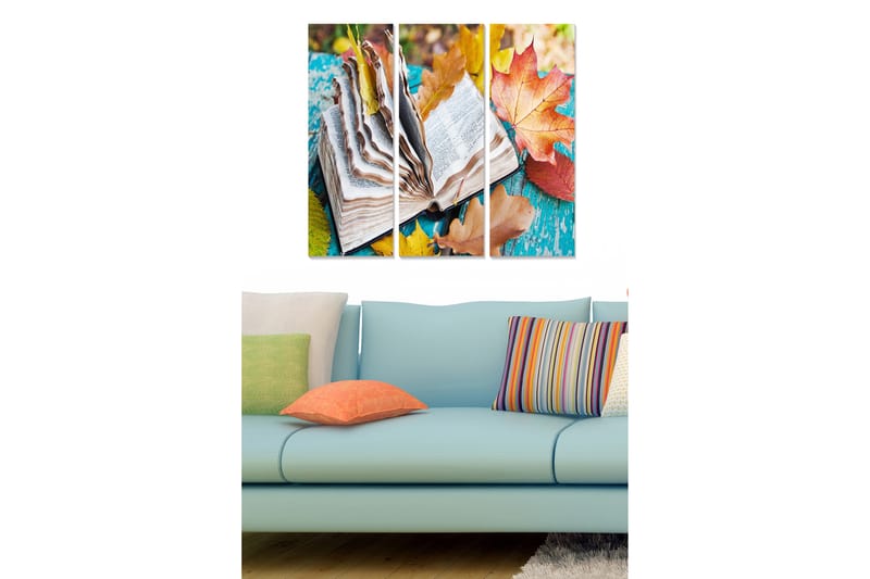 Trælærredstryk 3-delt 50x70 cm - Åben bog omgivet af efterårsblade på en farverig baggrund, Orange / Grøn / Blå