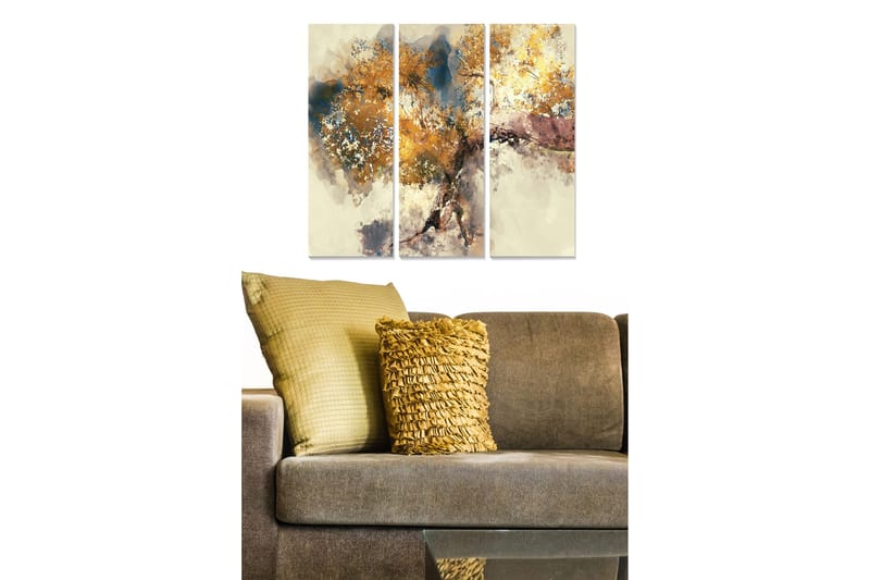 Trælærredstryk 3-delt 50x70 cm - Abstrakt landskab med gyldne trætoppe, Guld / Blå / Beige
