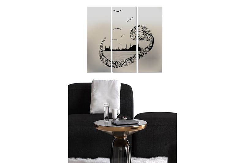 Trælærredstryk 3-delt 50x70 cm - Abstrakt landskab med stiliserede fugle og silhuetter af bygninger, Sort / Gr�å