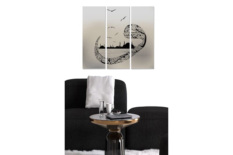 Trælærredstryk 3-delt 50x70 cm - Abstrakt landskab med stiliserede fugle og silhuetter af bygninger, Sort / Grå