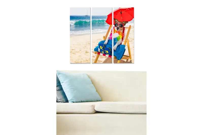 Trælærredstryk 3-delt 50x70 cm - Afslappende hund på strandstol med parasol, Blå / Rød / Beige