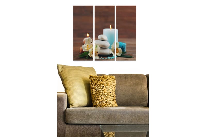 Trælærredstryk 3-delt 50x70 cm - Afslappende stilhed med stearinlys, sten og blomster, Hvid / Lyseblå / Grøn