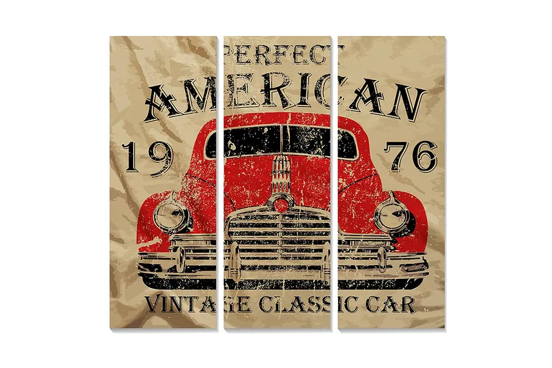 Trælærredstryk 3-delt 50x70 cm - Amerikansk veteranbil fra 1976, Rød / Beige / Sort
