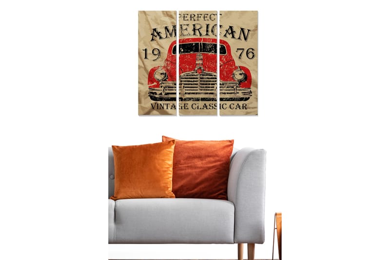 Trælærredstryk 3-delt 50x70 cm - Amerikansk veteranbil fra 1976 - Rød / Beige / Sort - Boligtilbehør - Billeder & kunst - Billeder på lærred