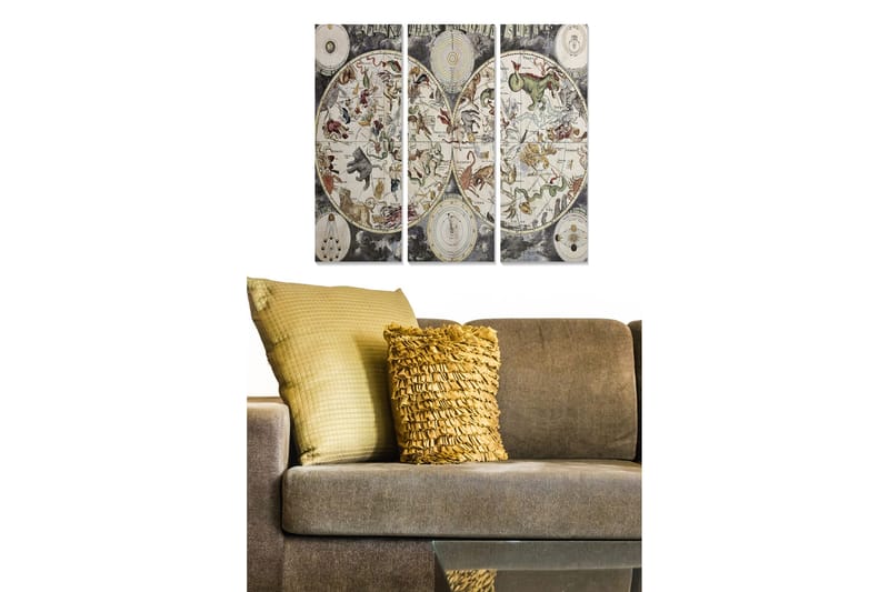 Trælærredstryk 3-delt 50x70 cm - Astrologisk kort med dyr og stjernetegn, Grå / Beige / Grøn