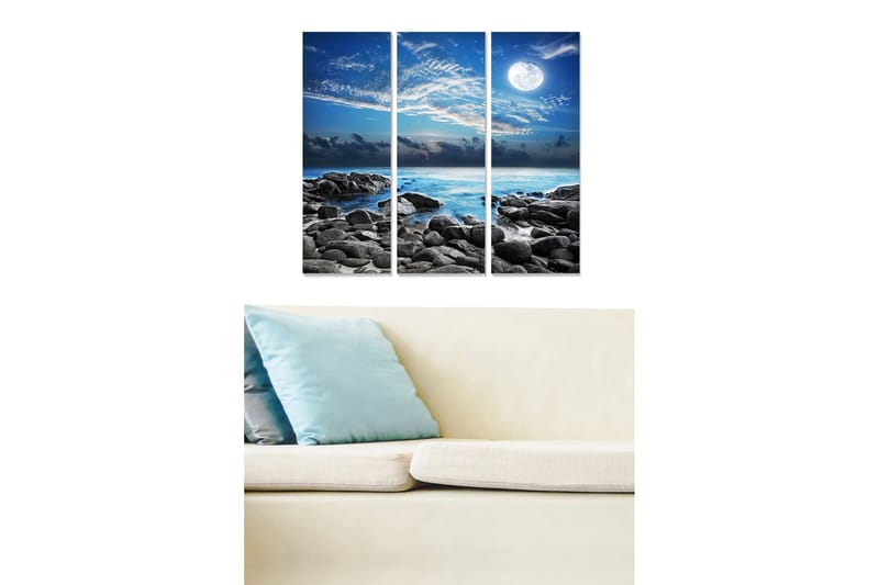 Trælærredstryk 3-delt 50x70 cm - Atmosfærisk havudsigt med måne og klipper, Blå / Grå / Hvid