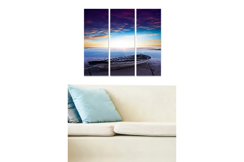 Trælærredstryk 3-delt 50x70 cm - Båd ved kysten under en farverig solnedgang, Lilla / Blå / Orange