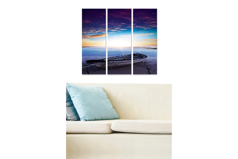 Trælærredstryk 3-delt 50x70 cm - Båd ved kysten under en farverig solnedgang, Lilla / Blå / Orange
