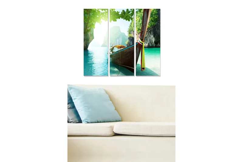 Trælærredstryk 3-delt 50x70 cm - Båd på en tropisk strand med klart, turkisblåt vand - Turkis / Grøn / Brun - Boligtilbehør - Billeder & kunst - Billeder på lærred