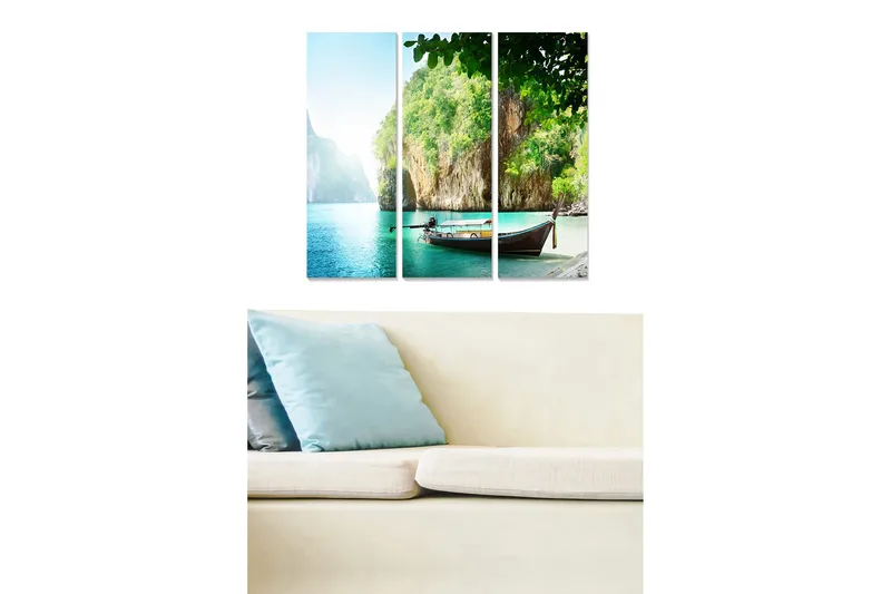 Trælærredstryk 3-delt 50x70 cm - Båd på en tropisk strand med klipper og grønt, Turkis / Grøn / Beige