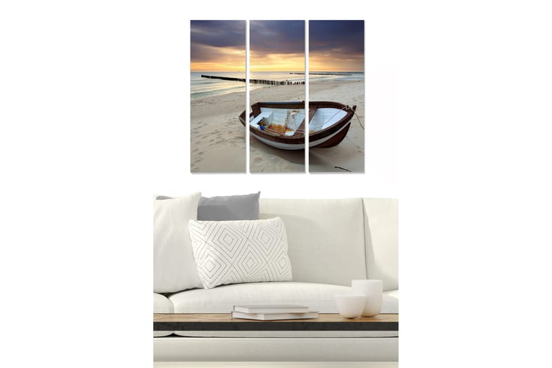 Trælærredstryk 3-delt 50x70 cm - Båd på stranden ved solnedgang, Blå / Orange / Brun