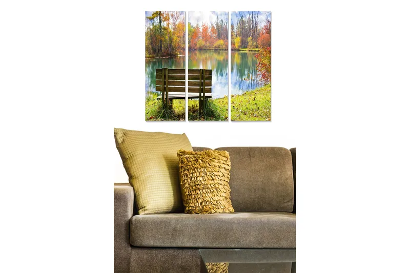 Trælærredstryk 3-delt 50x70 cm - Bænk ved en spejlblank sø omgivet af efterårsfarver, Grøn / Orange / Blå
