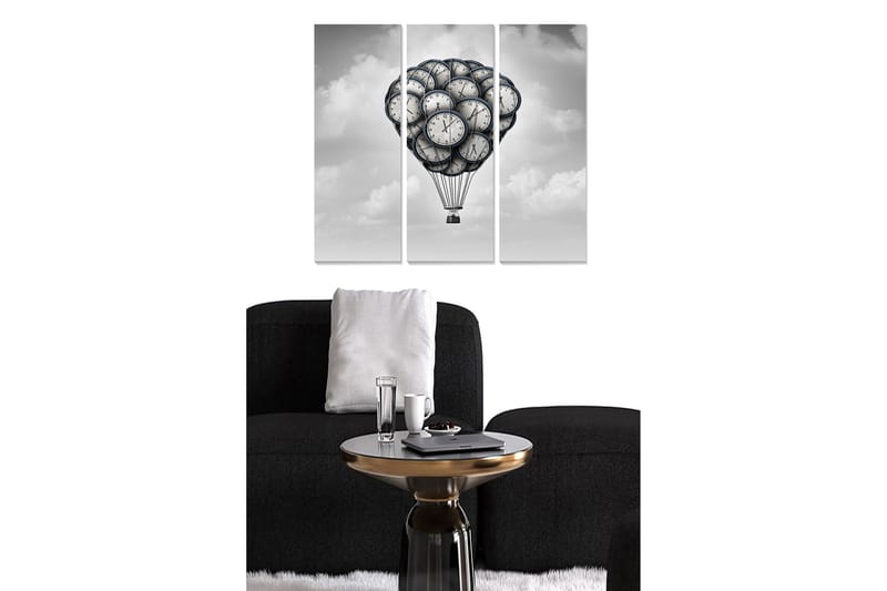 Trælærredstryk 3-delt 50x70 cm - Ballon fyldt med klokker, der svæver på himlen, Sort / Grå / Hvid