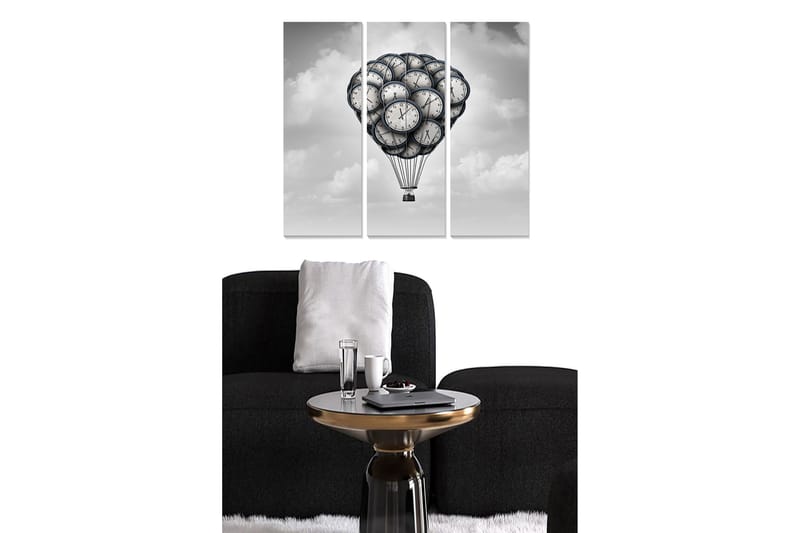 Trælærredstryk 3-delt 50x70 cm - Ballon fyldt med klokker, der svæver på himlen, Sort / Grå / Hvid