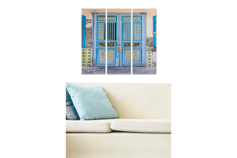 Trælærredstryk 3-delt 50x70 cm - Blå dør med dekorative detaljer og mønstre, Blå / Gul / Grøn