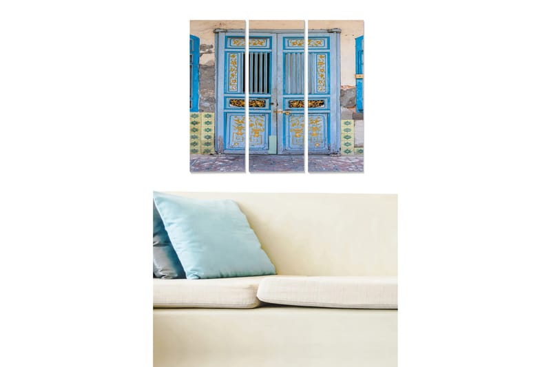 Trælærredstryk 3-delt 50x70 cm - Blå dør med dekorative detaljer og mønstre, Blå / Gul / Grøn