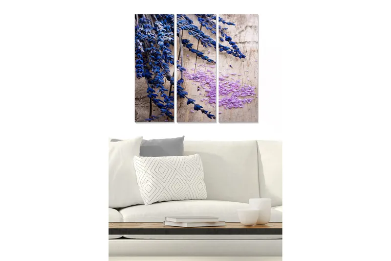 Trælærredstryk 3-delt 50x70 cm - Blå og lilla blomster mod en træbaggrund, Blå / Lilla