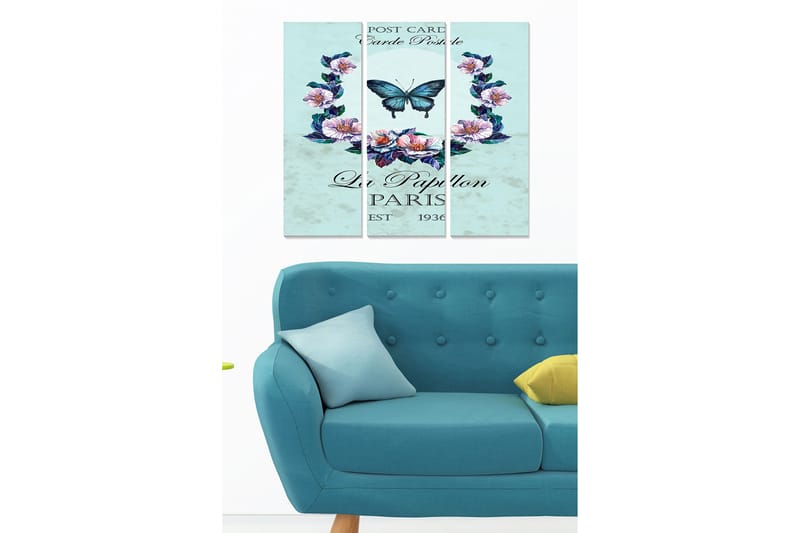 Trælærredstryk 3-delt 50x70 cm - Blå sommerfugl omgivet af blomster i en romantisk komposition, Lyseblå / Lilla / Grøn