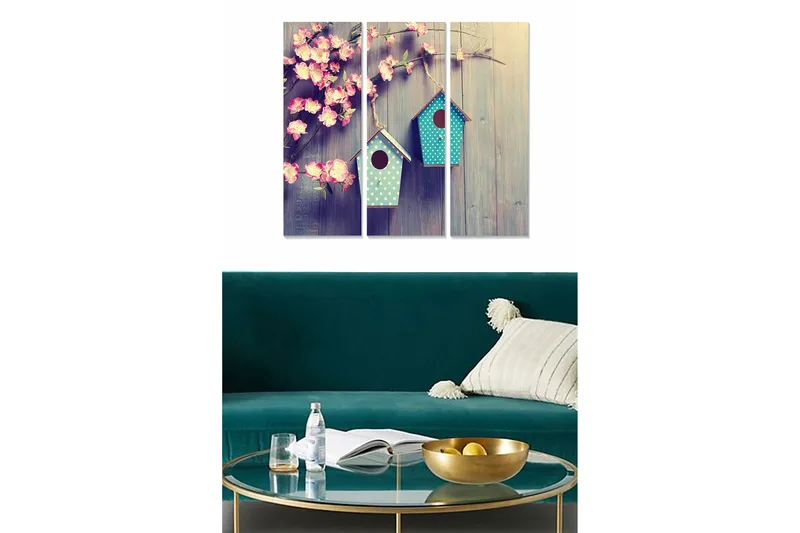 Trælærredstryk 3-delt 50x70 cm - Blomster og fuglehuse på en træbaggrund, Lyserød / Turkis / Beige