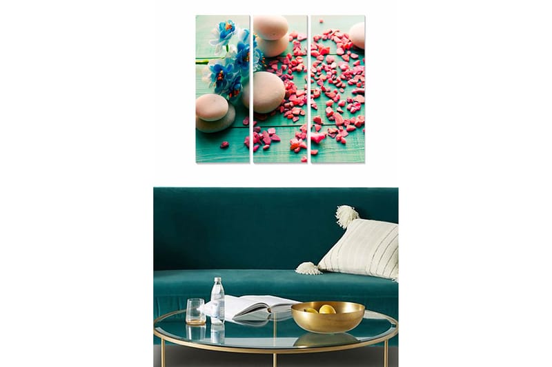 Trælærredstryk 3-delt 50x70 cm - Blomster og sten på turkis baggrund med lyserøde dekorationer, Turkis / Pink / Beige