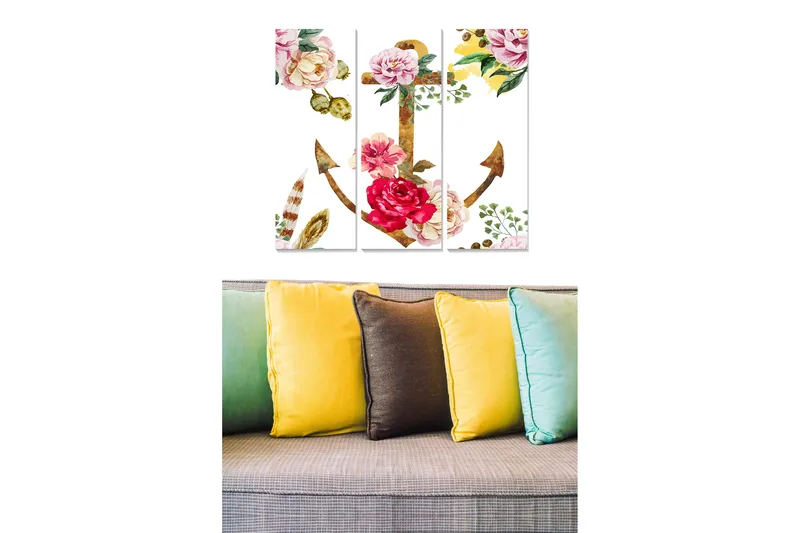 Trælærredstryk 3-delt 50x70 cm - Blomsteranker med farverige blomster og grønne blade, Lyserød / Grøn / Gul