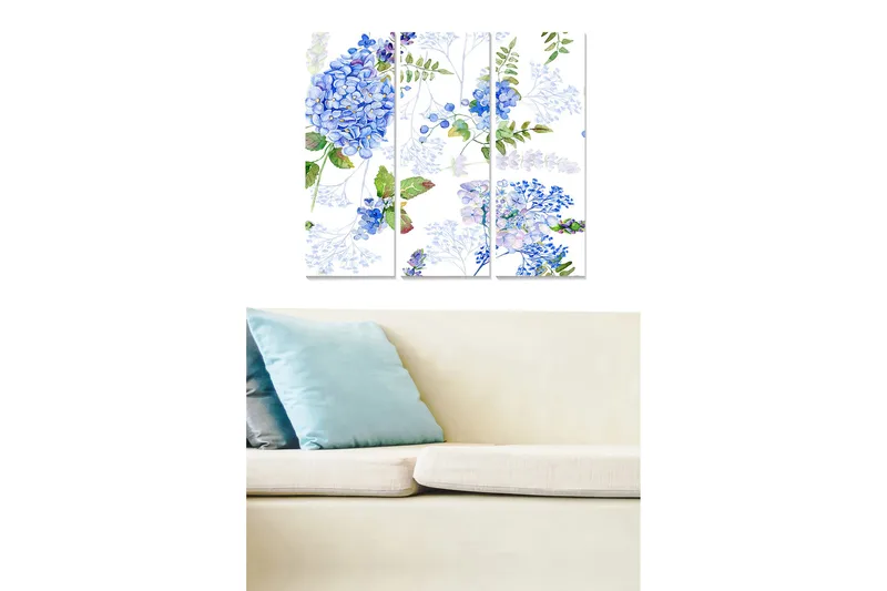 Trælærredstryk 3-delt 50x70 cm - Blomsterarrangement med blå hortensiaer og grønne blade, Blå / Grøn