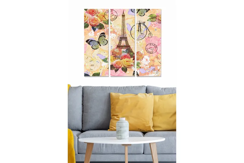 Trælærredstryk 3-delt 50x70 cm - Blomsterkomposition med Eiffeltårnet og sommerfugle, Lyserød / Grøn / Gul