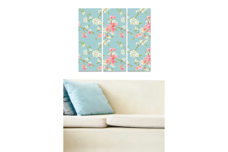 Trælærredstryk 3-delt 50x70 cm - Blomsterkomposition med lyserøde og hvide blomster på en lyseblå baggrund, Lyseblå / Pink / Hvid