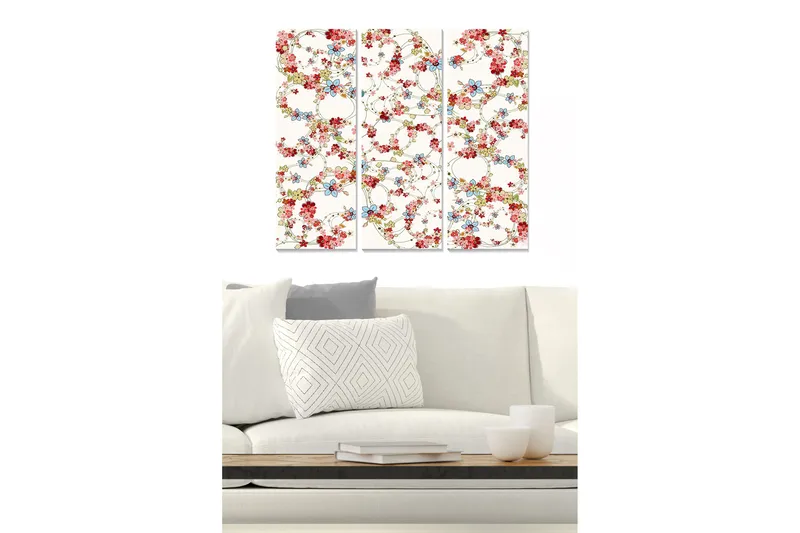 Trælærredstryk 3-delt 50x70 cm - Blomsterkomposition med røde og blå detaljer, Rød / Blå / Grøn