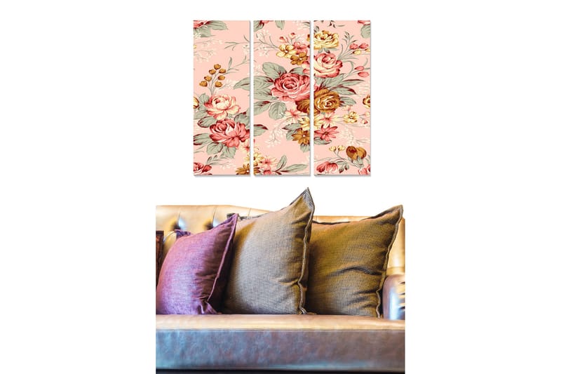Trælærredstryk 3-delt 50x70 cm - Blomsterkomposition med roser og grønne blade, Lyserød / Rød / Grøn