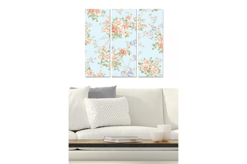Trælærredstryk 3-delt 50x70 cm - Blomsterkomposition med roser og små blomster, Lyseblå / Koral / Grøn