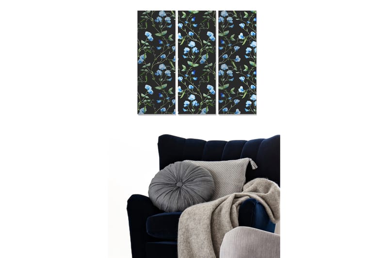 Trælærredstryk 3-delt 50x70 cm - Blomstermønster med blå ærter på sort baggrund, Blå / Grøn / Sort
