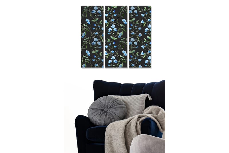 Trælærredstryk 3-delt 50x70 cm - Blomstermønster med blå ærter på sort baggrund, Blå / Grøn / Sort