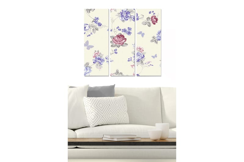 Trælærredstryk 3-delt 50x70 cm - Blomstermønster med lyserøde og blå nuancer, Lyserød / Blå / Grå