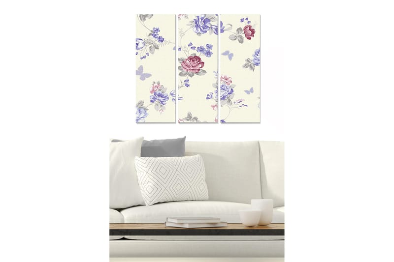 Trælærredstryk 3-delt 50x70 cm - Blomstermønster med lyserøde og blå nuancer, Lyserød / Blå / Grå