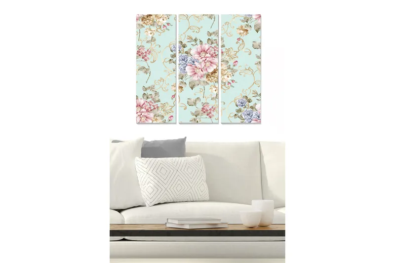 Trælærredstryk 3-delt 50x70 cm - Blomstermønster med pastelfarver og elegante detaljer, Lyseblå / Pink / Beige