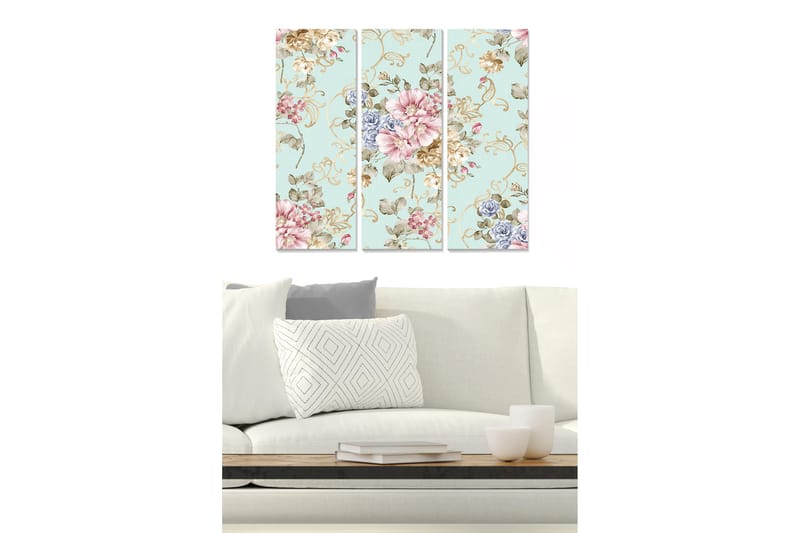 Trælærredstryk 3-delt 50x70 cm - Blomstermønster med pastelfarver og elegante detaljer, Lyseblå / Pink / Beige