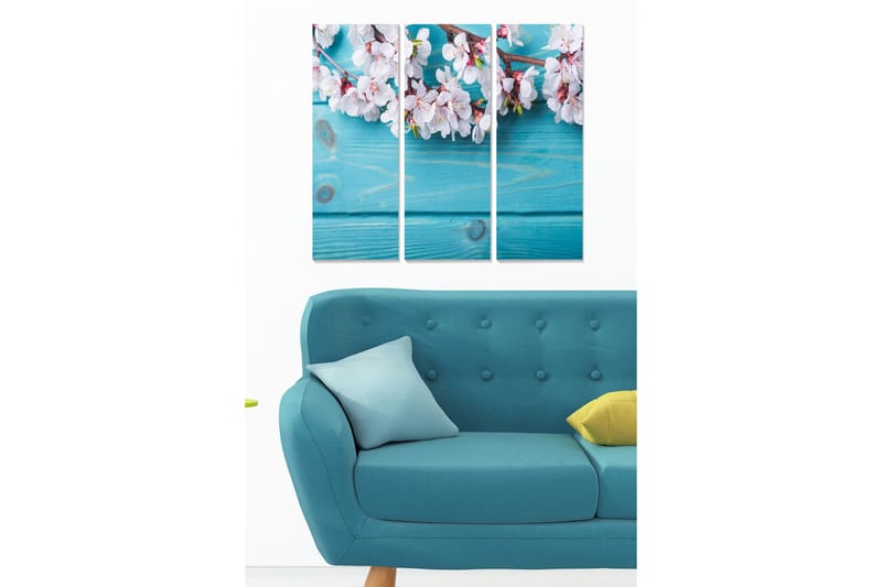 Trælærredstryk 3-delt 50x70 cm - Blomstrende kirsebærgrene mod en turkis baggrund - Turkis / Hvid / Lyserød - Boligtilbehør - Billeder & kunst - Billeder på lærred