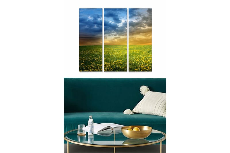 Trælærredstryk 3-delt 50x70 cm - Blomstrende mark med gule mælkebøtter under en dramatisk himmel, Gul / Blå / Grøn
