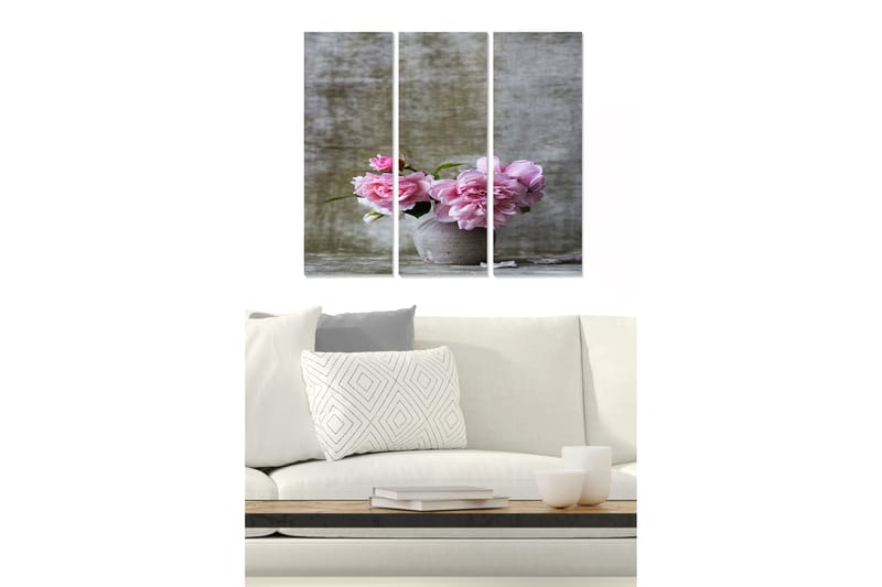 Trælærredstryk 3-delt 50x70 cm - Buket lyserøde blomster i en keramikpotte, Lyserød / Grå / Grøn