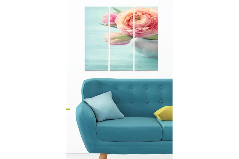 Trælærredstryk 3-delt 50x70 cm - Buket lyserøde blomster i en sølvfarvet vase - Lyserød / Grøn / Sølv - Boligtilbehør - Billeder & kunst - Billeder på lærred