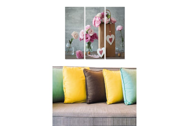 Trælærredstryk 3-delt 50x70 cm - Buket lyserøde blomster i en papirpose, Lyserød / Grå / Hvid