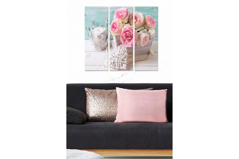 Trælærredstryk 3-delt 50x70 cm - Buket lyserøde roser i en trækurv, Lyserød / Grå / Hvid